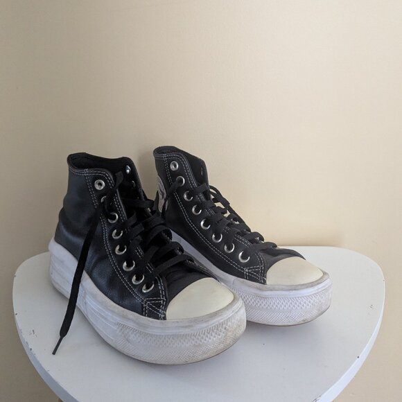 CONVERSE BLACK LEATHER PLATFORM HI TOP SNEAKERS - Picture 2 of 4